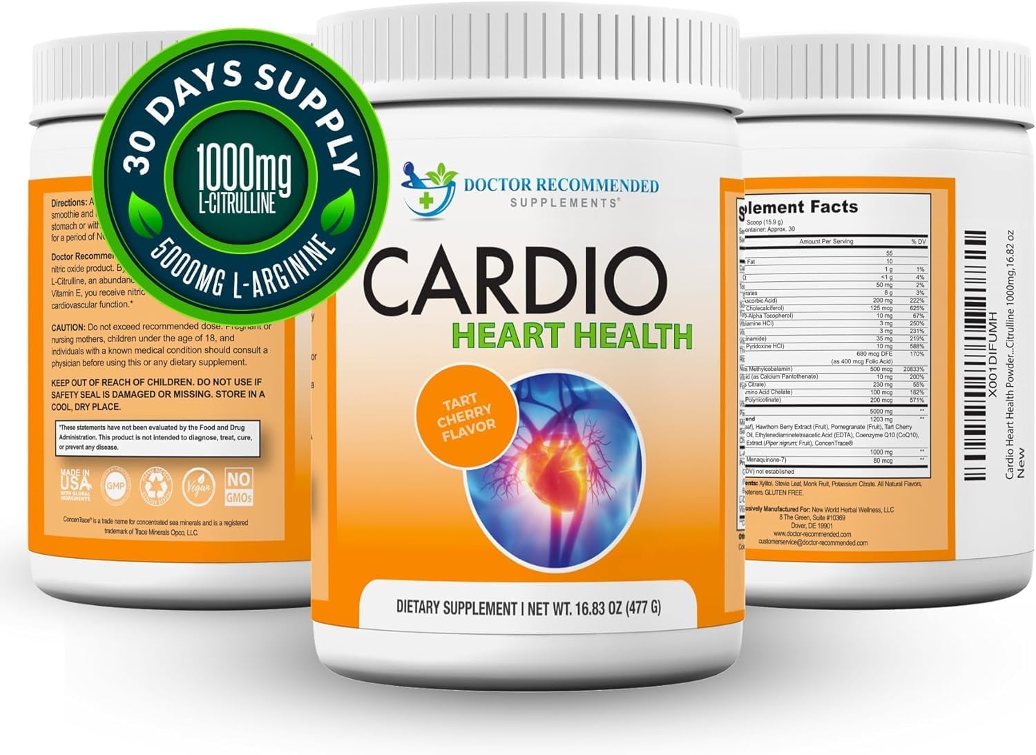 Cardio Heart Health Powder – L-Arginine Supplement 5000mg & L-Citrulline 1000mg,16.82 oz
