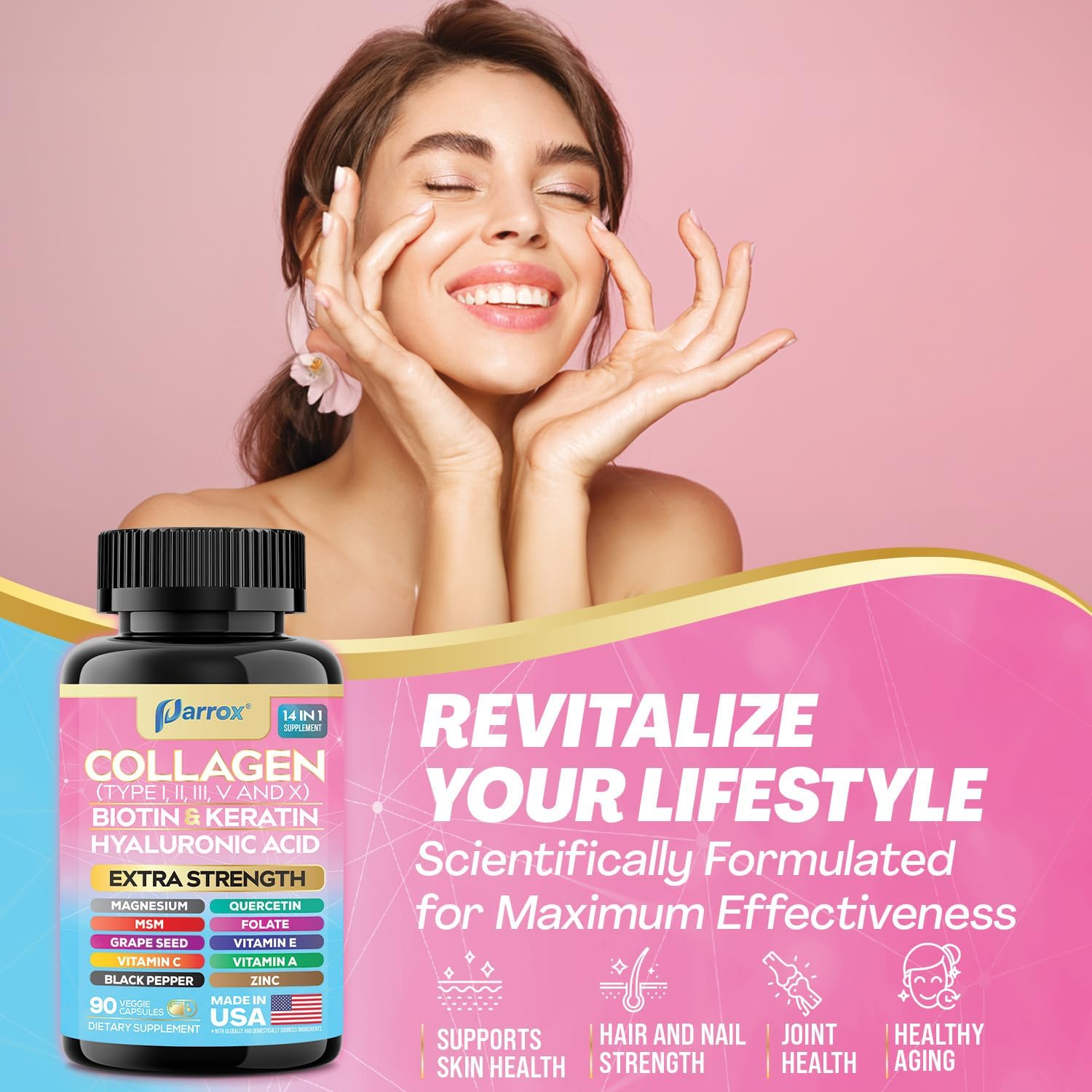 Collagen Peptides Types I, II, III, V & X, MCG Biotin, Keratin, Hyaluronic Acid, MSM, Zinc, Grape Seed Extract, Quercetin, Vitamin A, C & E, Folate, Black Pepper, Magnesium, Folic Acid (2 Pack)