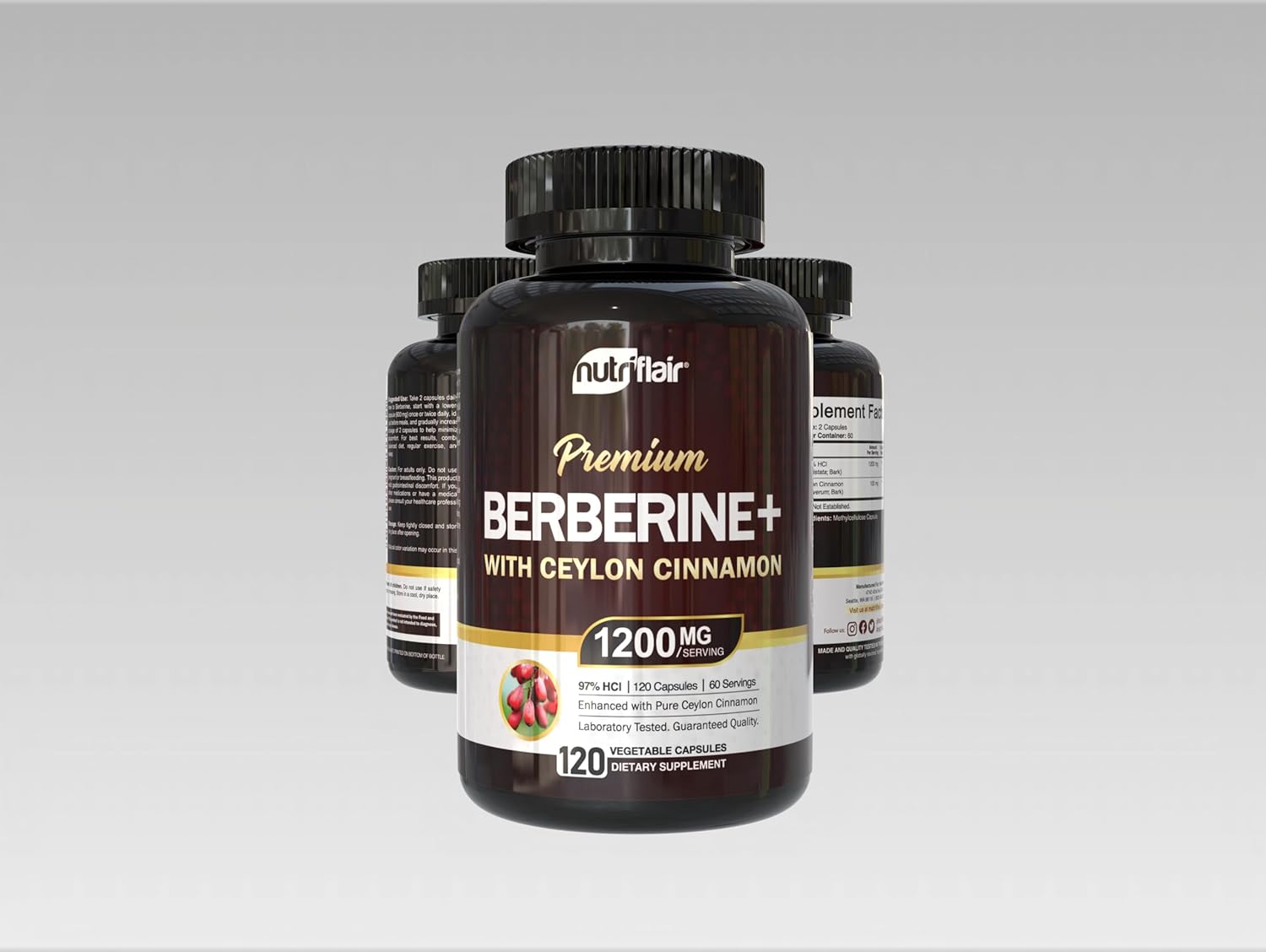 NutriFlair Berberine 97% HCl with Ceylon Cinnamon Supplement, 120 Capsules – High Potency, Premium Quality, Vegan-Friendly – 60 Servings
