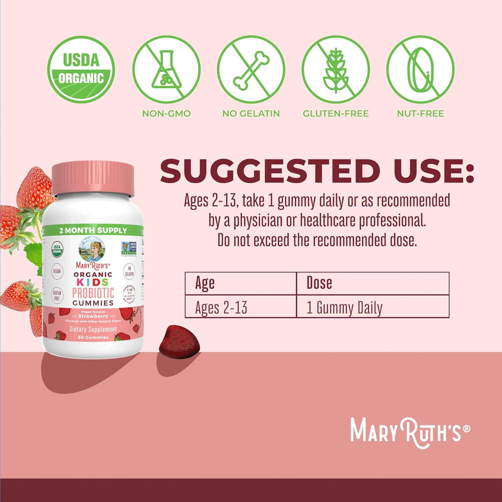 Kids Probiotics for Digestive Health | USDA Organic Probiotic Gummies | 2 Month Supply | Probiotics for Kids | Immune Support | Gut Health Supplement | Vegan | Non-GMO | Gluten Free | 60 Count