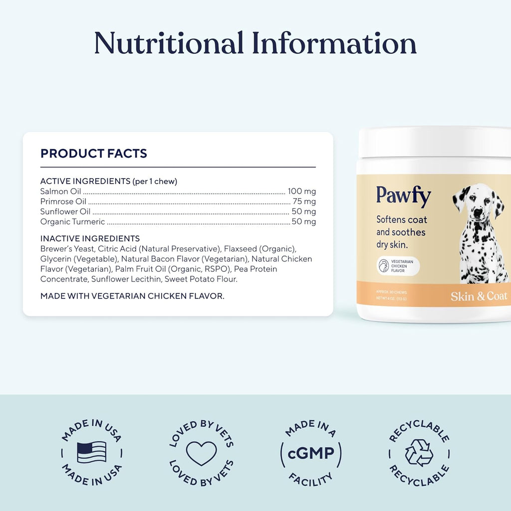Pawfy Skin & Coat with Salmon Oil - Dog Allergy Relief Chews | Advanced Licking Paws Comfort | Dog Itching Skin Relief & Seasonal Allergies Support - Immune Support & Coat Defense | 30 Chews (Chicken)