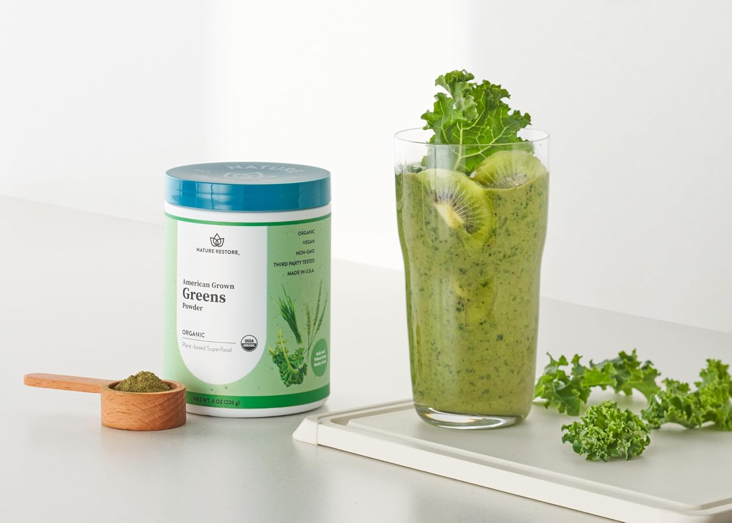 Nature Restore Greens Superfood Powder, USA Grown, Organic Kale, Barley Grass, Wheatgrass, Unsweetened, 8 Ounces, Made in USA