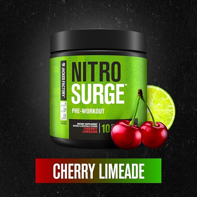 Jacked Factory NITROSURGE Pre Workout Supplement - Endless Energy, Instant Strength Gains, Clear Focus, Intense Pumps - NO Booster & Preworkout Powder with Beta Alanine - 10 Servings, Cherry Limeade