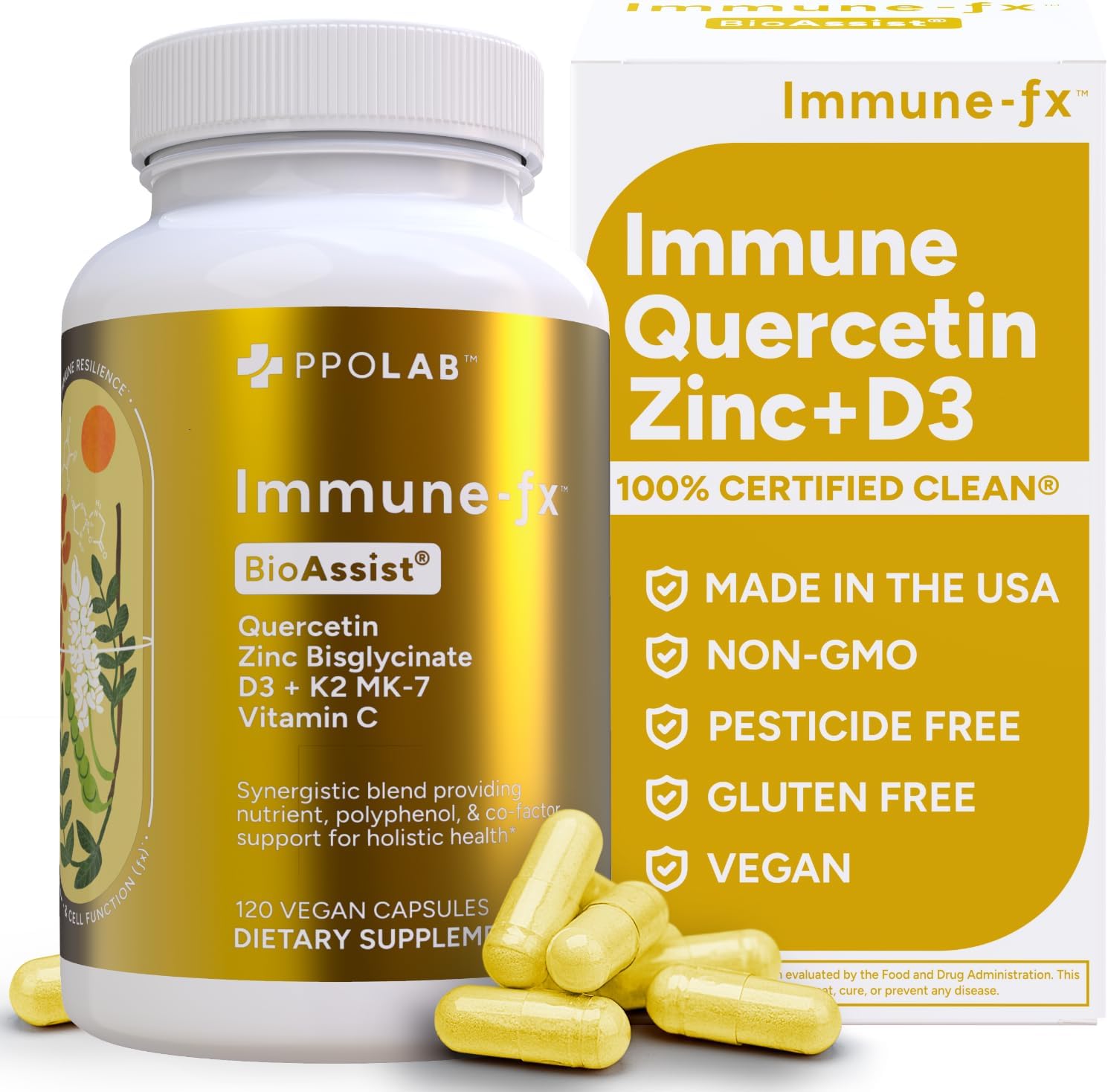 Immune-fx™ Advanced Daily Chelated Zinc Ionophore Immune Support Supplement with Quercetin 500mg Bioflavonoid, Antioxidant Vitamin C, D3, K2, DNA Heart Lung Aid, Clean Certified® 120 Vegan Capsules