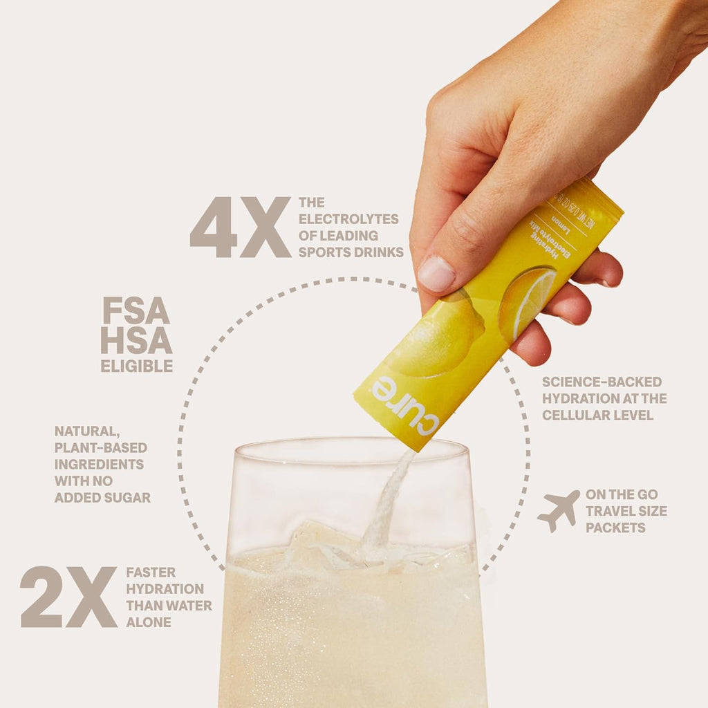 Cure Hydration | Plant-Based Electrolyte Drink Mix | No Added Sugar | FSA-HSA | Dehydration Relief Powder Made with Coconut Water | Non-GMO | Vegan | Pouch of 14 Packets - Lime