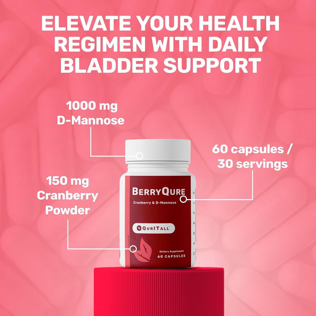 BerryQure Cranberry & D-Mannose Supplements for Women - D-Mannose Pills with Cranberry Juice Powder, Hibiscus Flower & Dandelion Herb Supports Urinary Tract Health - 60 Capsules