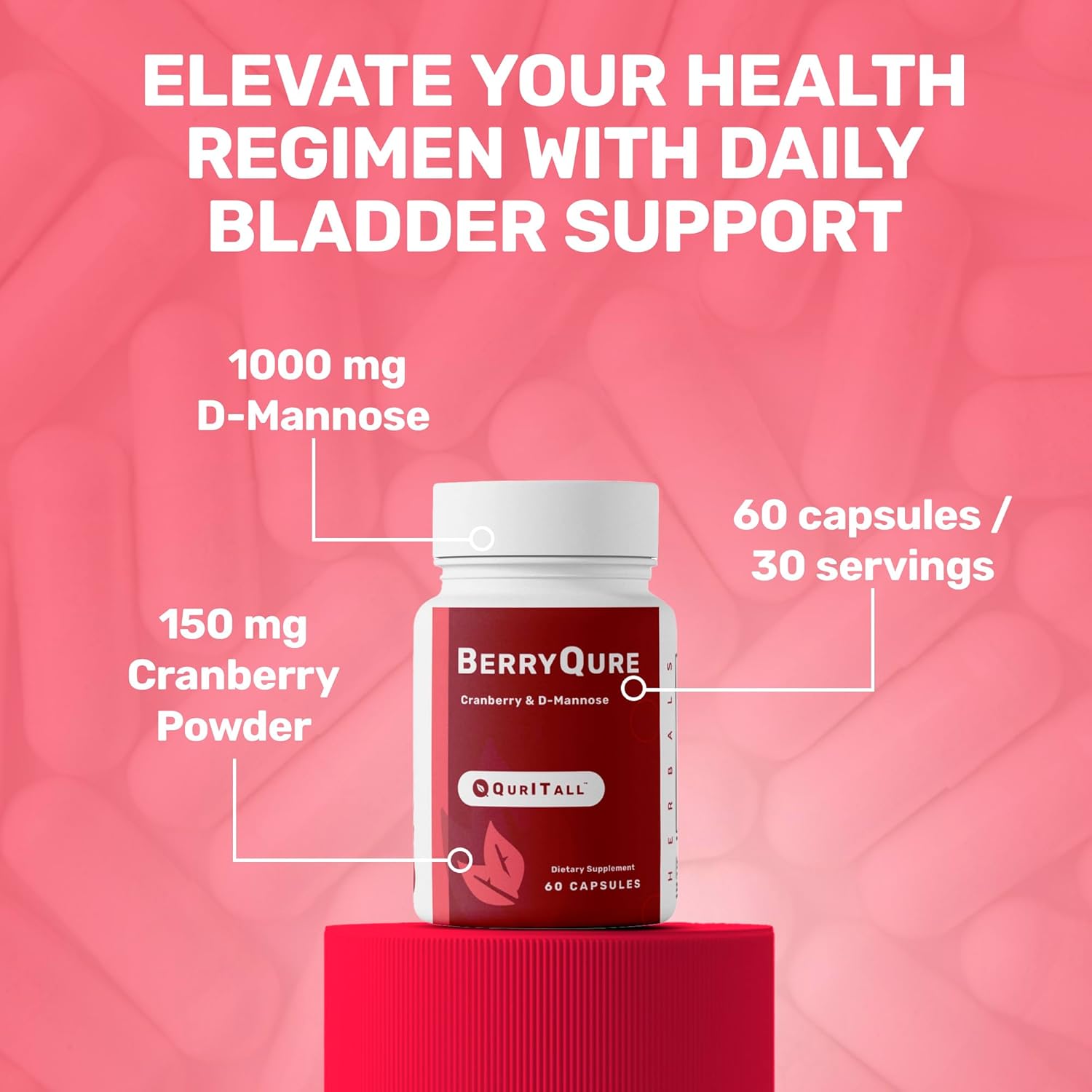 BerryQure Cranberry & D-Mannose Supplements for Women - D-Mannose Pills with Cranberry Juice Powder, Hibiscus Flower & Dandelion Herb Supports Urinary Tract Health - 60 Capsules