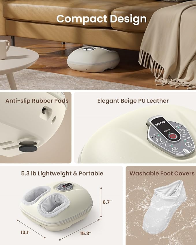 RENPHO Foot Massager Machine with Heat [2026 Upgraded], Shiatsu Foot Massager for Plantar Fasciitis, Valentines Day Gifts for Her Him, Cordless Control, Exclusive Voice Control, Beige