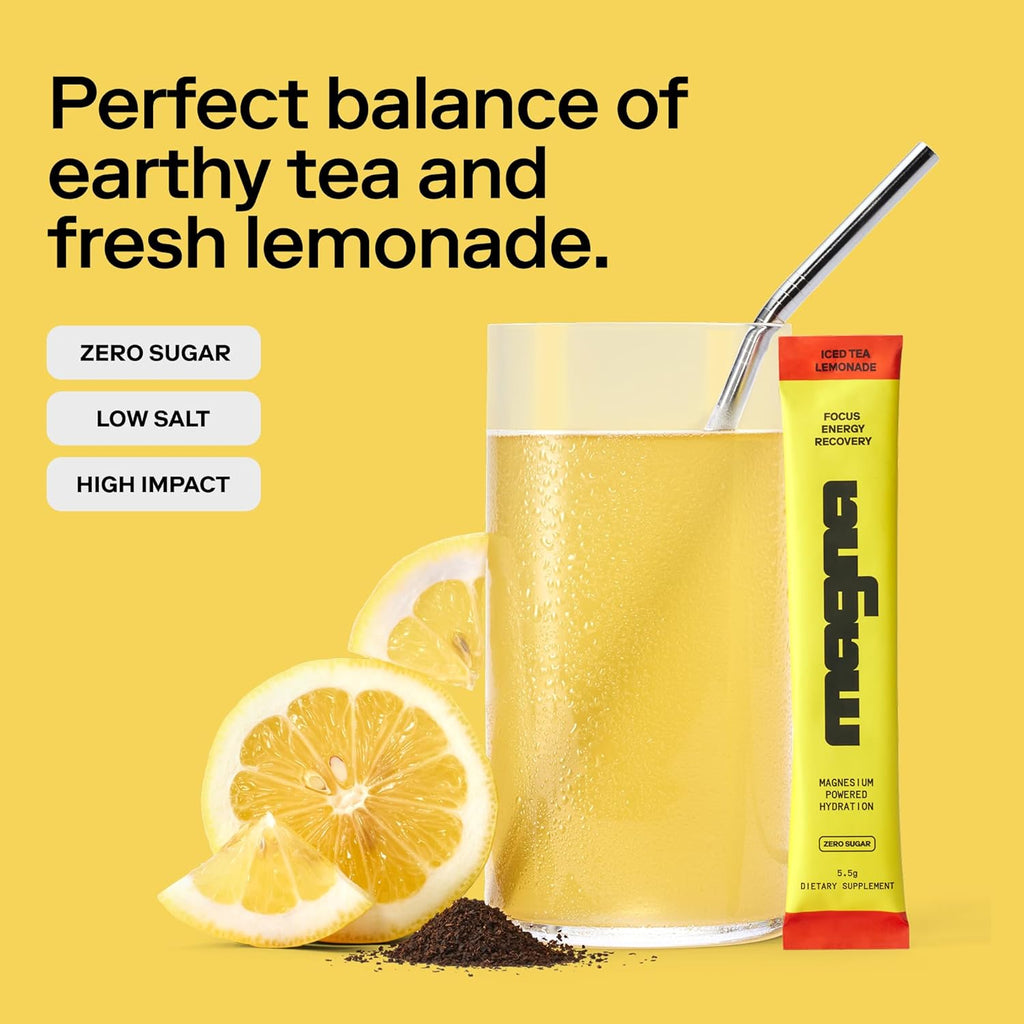 MAGNA Electrolyte Powder Drink Mix for Hydration, Energy & Focus Support with Magnesium L Threonate, Sodium, Potassium, Vitamin D, B6 & B12, Sugar Free, Tea Lemonade Flavor, 14 Servings