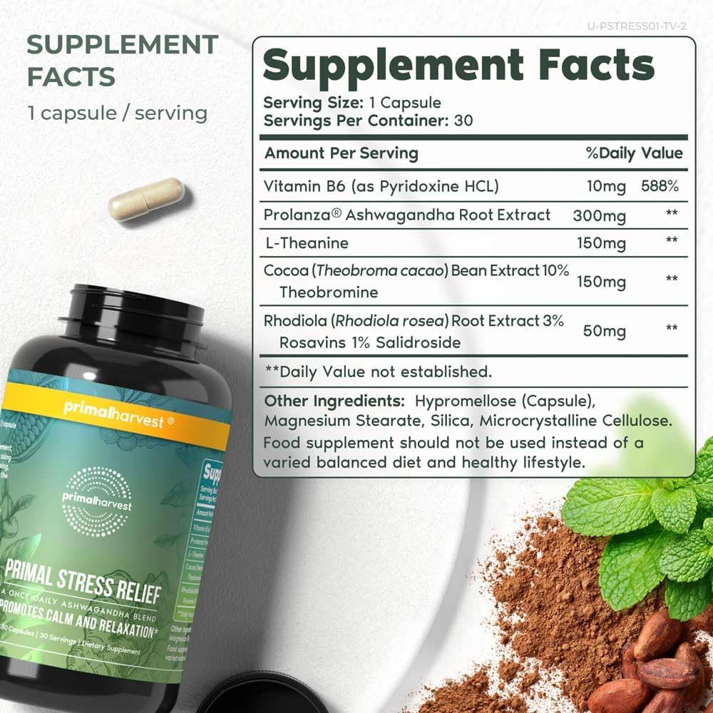 Primal Harvest Stress Relief Supplement for Women and Men Pure Ashwagandha Root Extract, L-Theanine Supplements, 60 Capsules