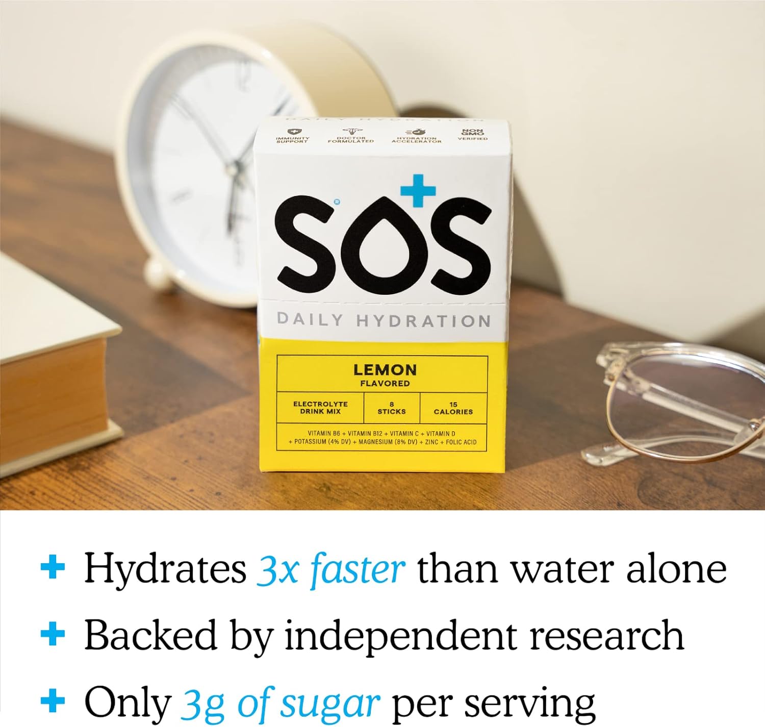 SOS Hydration Electrolyte Powder 8 Stick Packs – Low-Calorie, Rapid Rehydration, Made in USA, Keto (8 Servings, Lemon)
