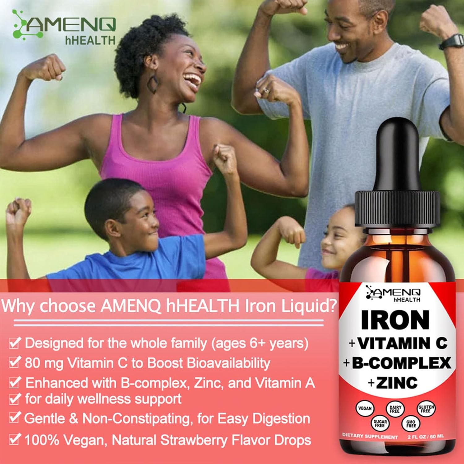 2 Pack Liquid Iron Supplement w/ Vitamin C, A, B-Complex, Vegan Iron Drops High Potency Liquid Vitamin & Iron Supplements for Women, Men & Children -Support Red Blood Cell, Energy, Anemia & Fatigue