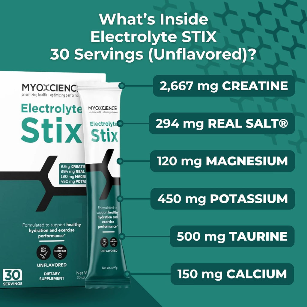 MYOXCIENCE Electrolyte STIX | Creatine Electrolyte Powder | Recovery from Exercise & Muscle Development w/Real Salt (Unflavored) (Stix 30 ct)