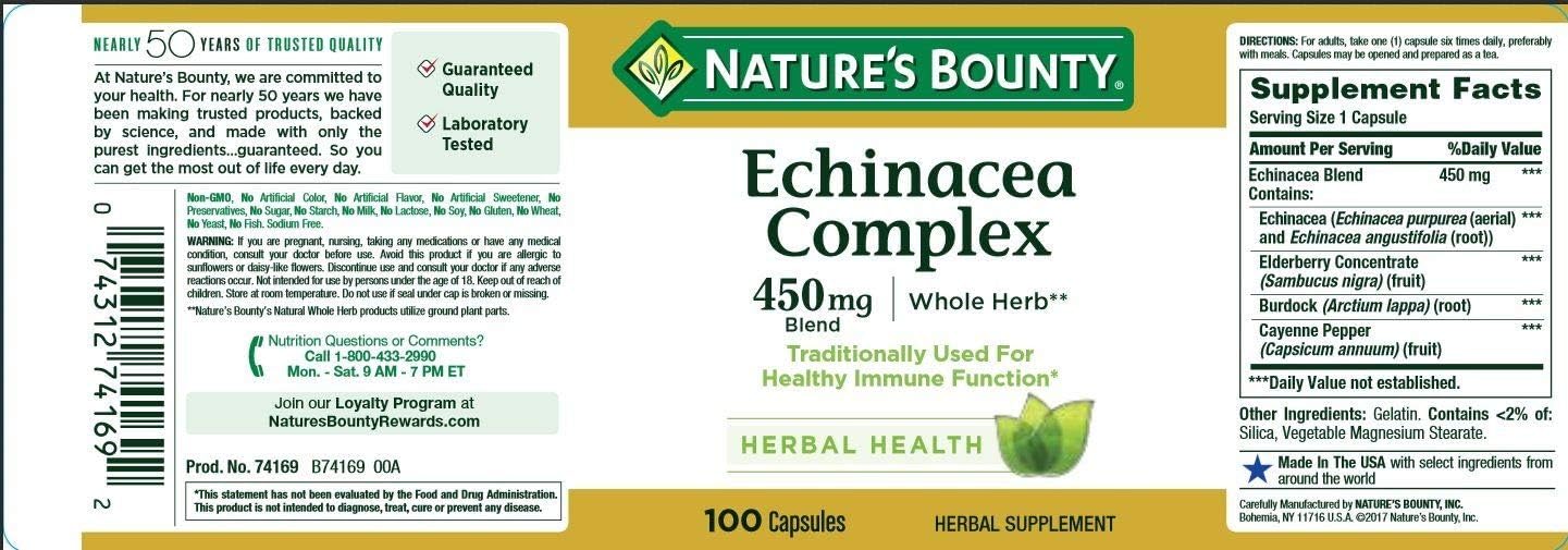Nature's Bounty Echinacea Complex, Herbal Supplement, Supports Immune Health, 450 mg, 100 Capsules