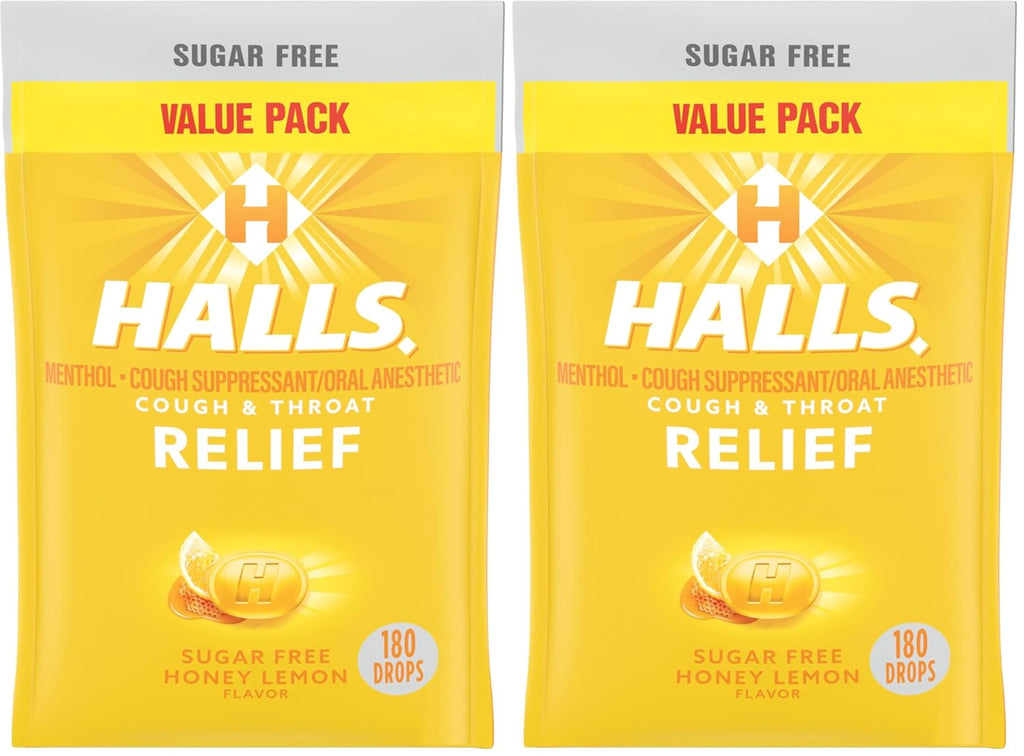 Halls Relief Honey Lemon Sugar Free Cough Drops, Value Pack, 180 Drops (Pack of 2)