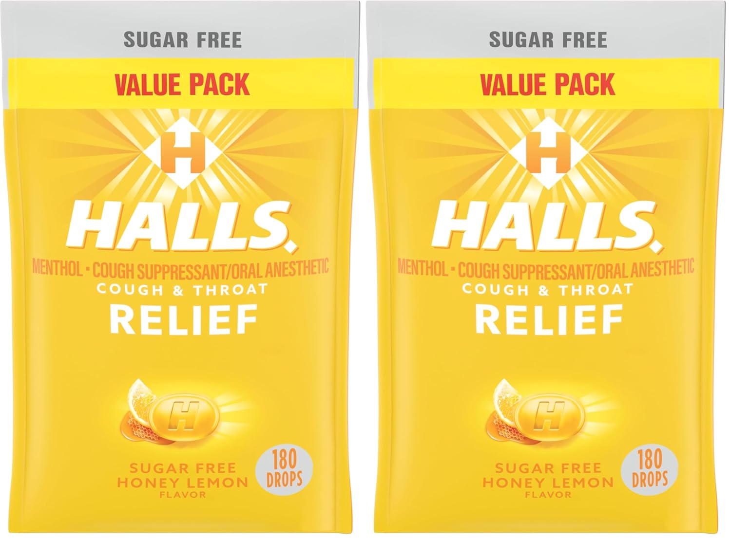Halls Relief Honey Lemon Sugar Free Cough Drops, Value Pack, 180 Drops (Pack of 2)