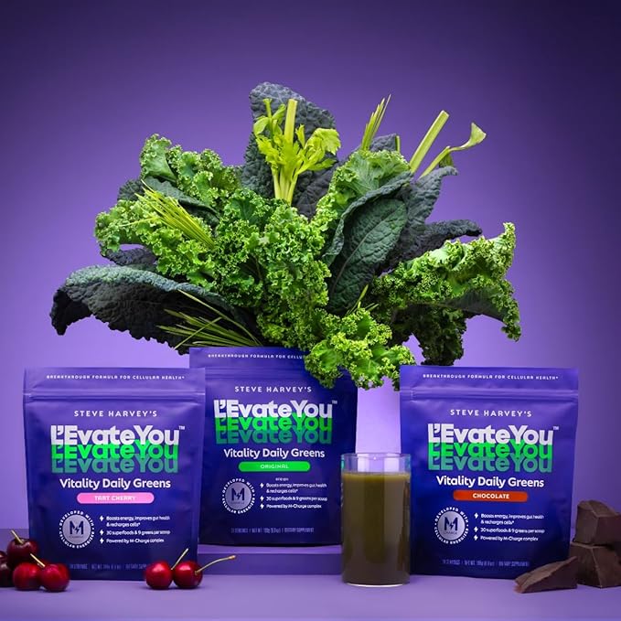 L'Evate You Vitality Daily Greens Powder (28 Servings) 30 Superfoods, 9 Greens - for a Cellular Energy Boost, Powered by M-Charge Complex for All Day Energy (Tart Cherry)