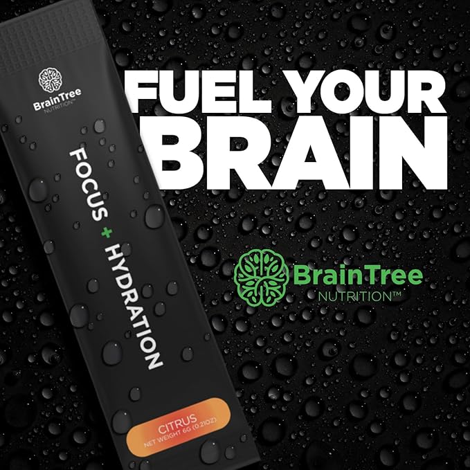 BrainTree Nutrition - Focus + Hydration - Electrolyte Drink Mix - Total Body Hydration - Supports Cognitive Function, Energy & Muscle Recovery - Sugar Free - Citrus - 30 Stick Packs