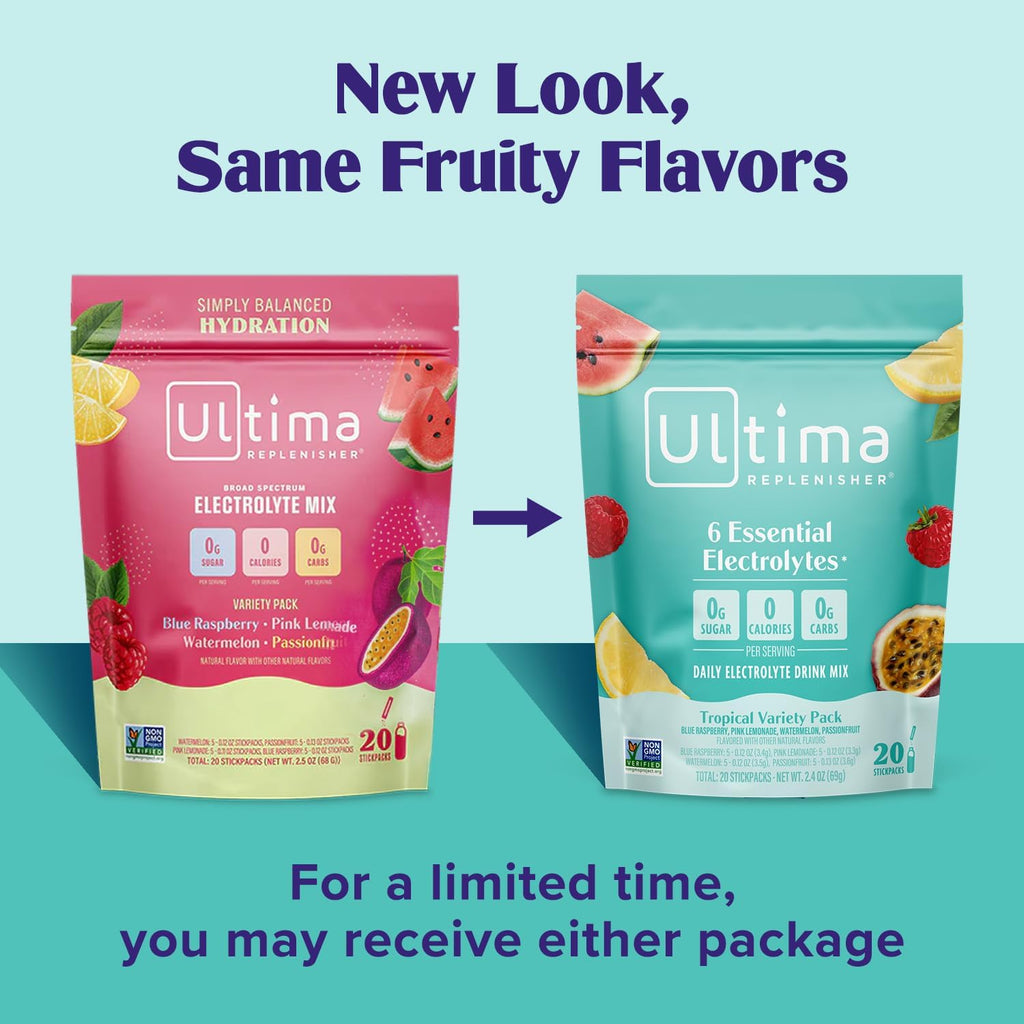 Ultima Replenisher Daily Electrolyte Powder Drink Mix – Sugar Free – Tropical Variety, 20 Stickpacks – Hydration Packets with 6 Electrolytes and Minerals – Keto Friendly, Non-GMO