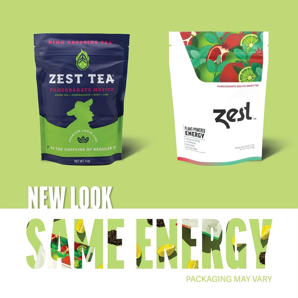 Zest 135mg High Caffeine Energy Loose Leaf Blend - Pomegranate Mojito Green Tea - 4 Oz - All Natural Strong Flavored Healthy Coffee Alternative Highly Caffeinated Substitute - Perfect for Keto