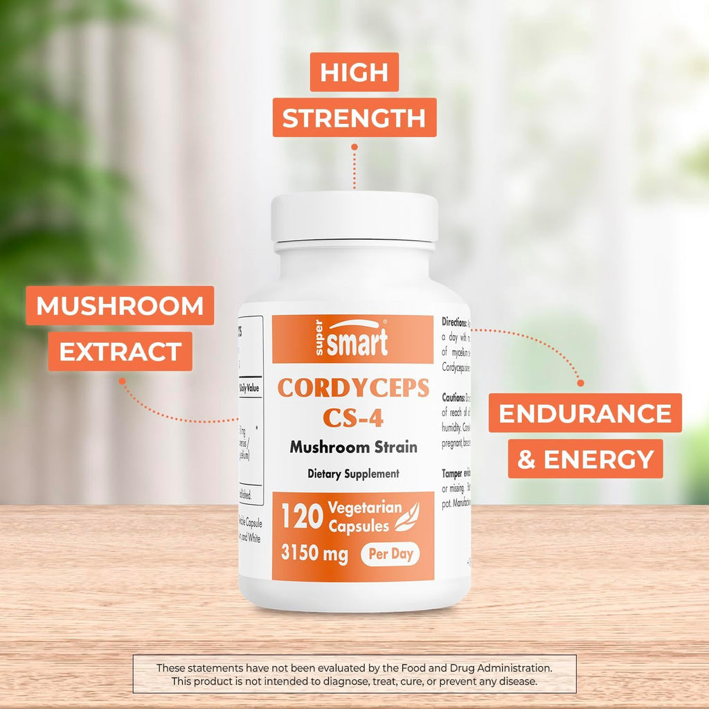 Supersmart - Cordyceps Cs-4 3150mg per Day (Hight Strength) - Cordyceps Mushroom Supplement - Endurance & Energy | Non-GMO & Gluten Free - 120 Vegetarian Capsules