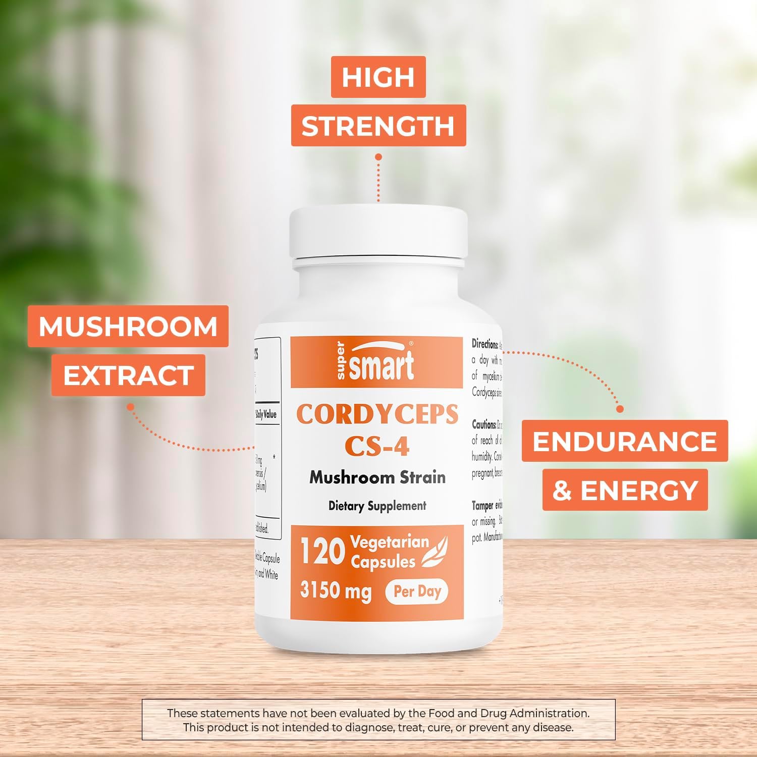 Supersmart - Cordyceps Cs-4 3150mg per Day (Hight Strength) - Cordyceps Mushroom Supplement - Endurance & Energy | Non-GMO & Gluten Free - 120 Vegetarian Capsules