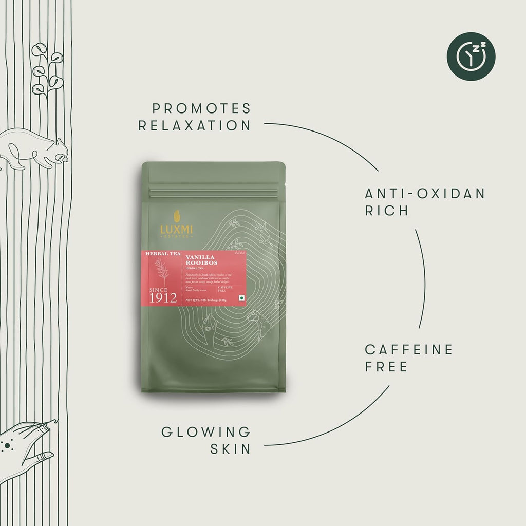 Luxmi Estates Rooibos Vanilla Organic Rooibos Tea (50 Tea Bags) Caffeine Free Tea Bags For Relaxing, Calming, and Stress Relief, With Certified Organic Herbal Tea