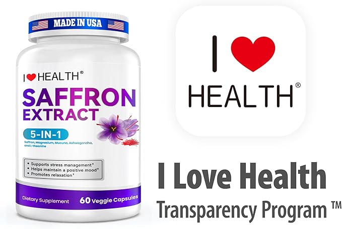 Saffron Mood Support Supplement – 0.3% Safranal with Ashwagandha & L-Theanine for Stress Relief, Calm Mood & Emotional Balance – Made in USA – 60 Capsules