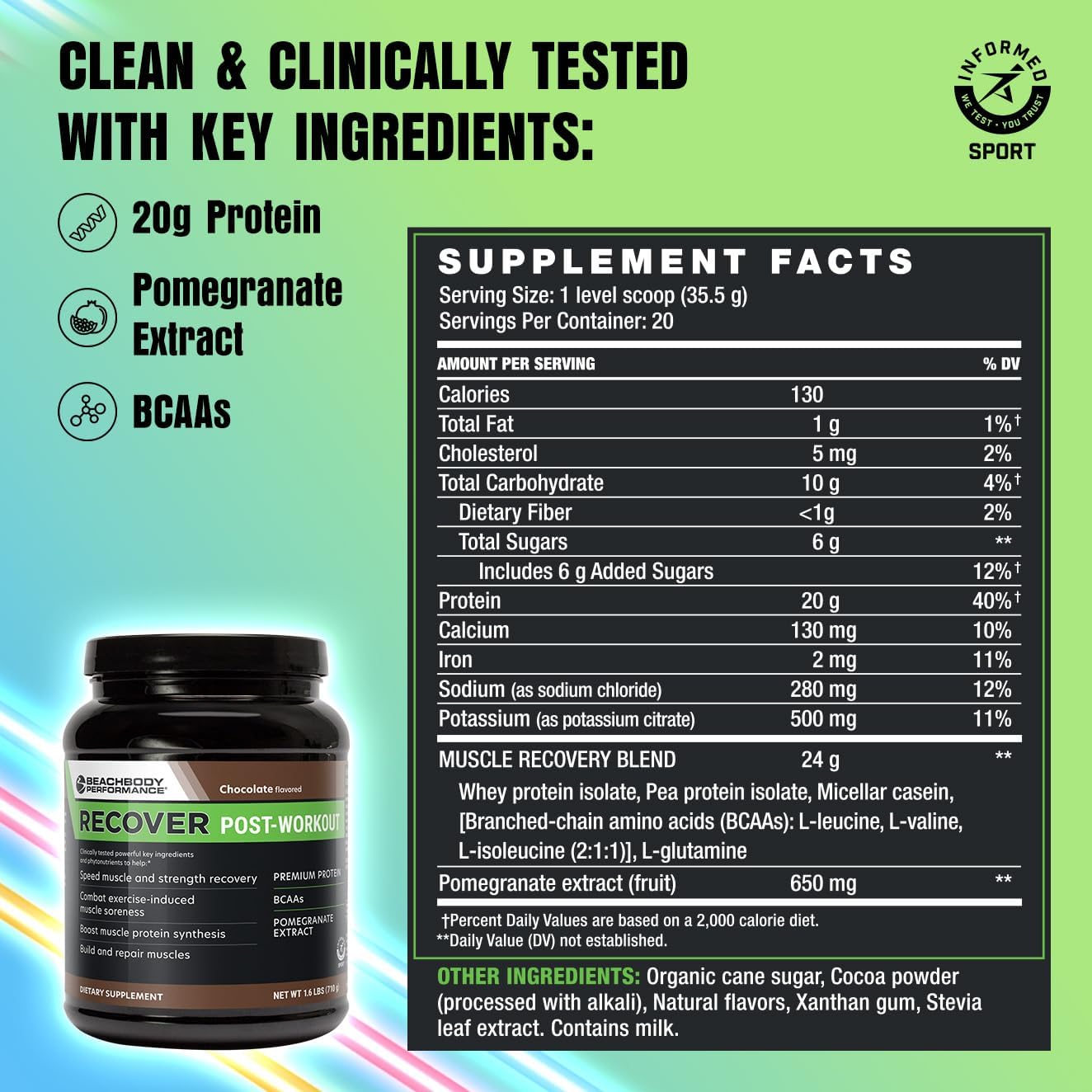 BODi Recover Whey Protein Powder Blend– Post-Workout Chocolate Whey Supplement for Muscle Recovery with 20g Protein, BCAAs, Pomegranate Extract - Fast Recovery - 20 Serving Tub