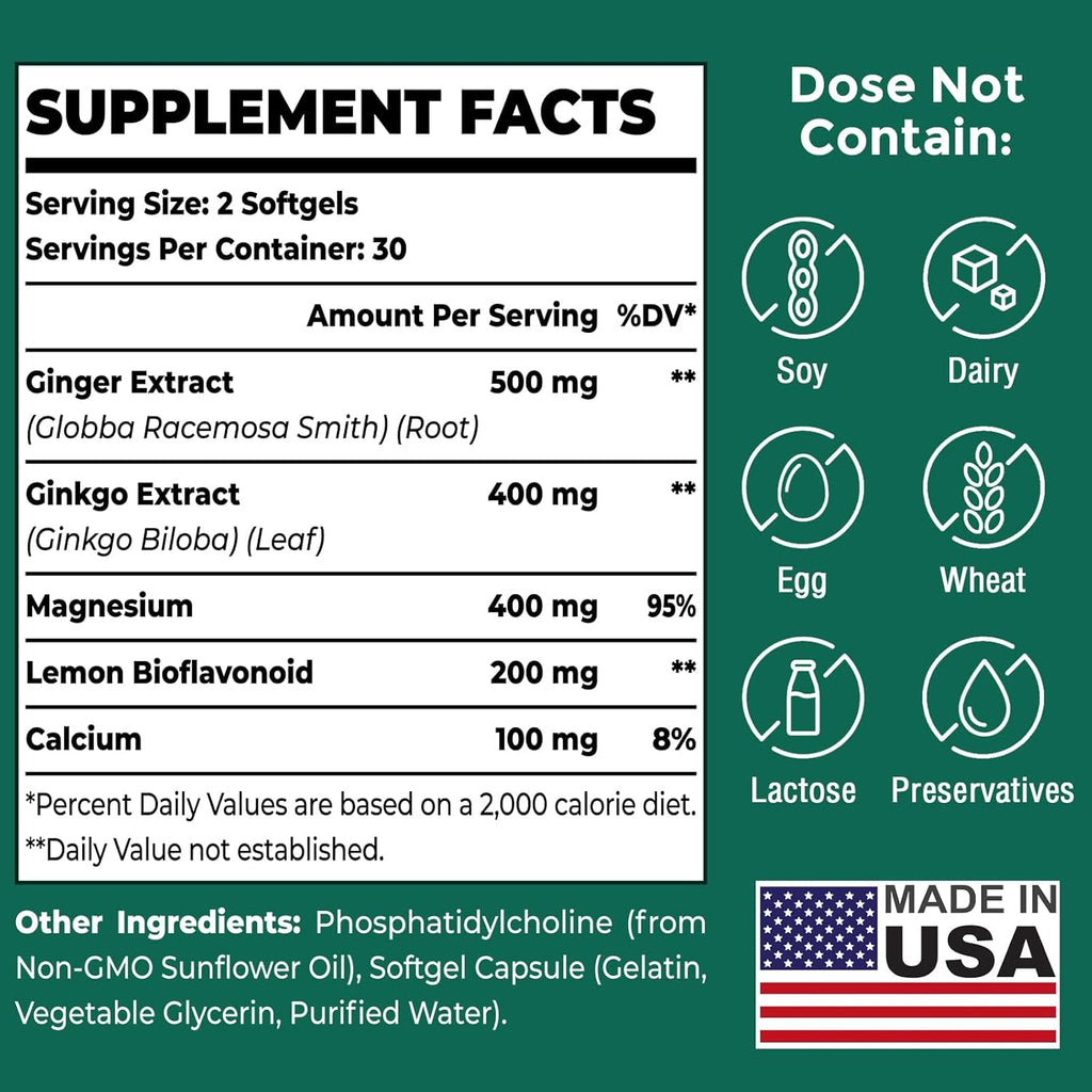Liposomal Vertigo Supplement, High Absorption Formula with Ginkgo Biloba, Ginger Extract & Magnesium, Natural Wellness Supplement, Relaxation and Calm, 60 Softgels