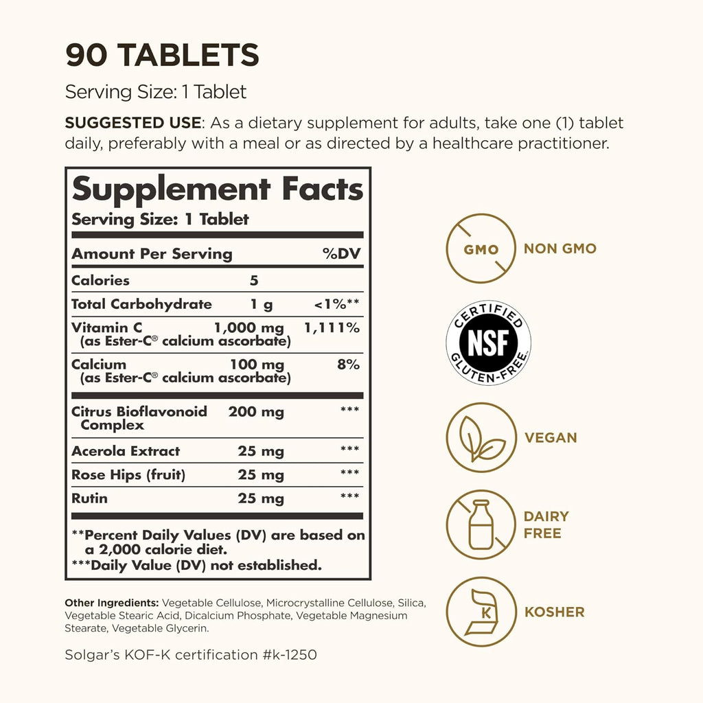 Solgar Ester-C Plus 1000 mg Vitamin C (Ascorbate Complex), 90 Tablets - Gentle On The Stomach & Non Acidic - Antioxidant & Immune System Support - Non GMO, Vegan, Gluten-Free, Kosher - 90 Servings