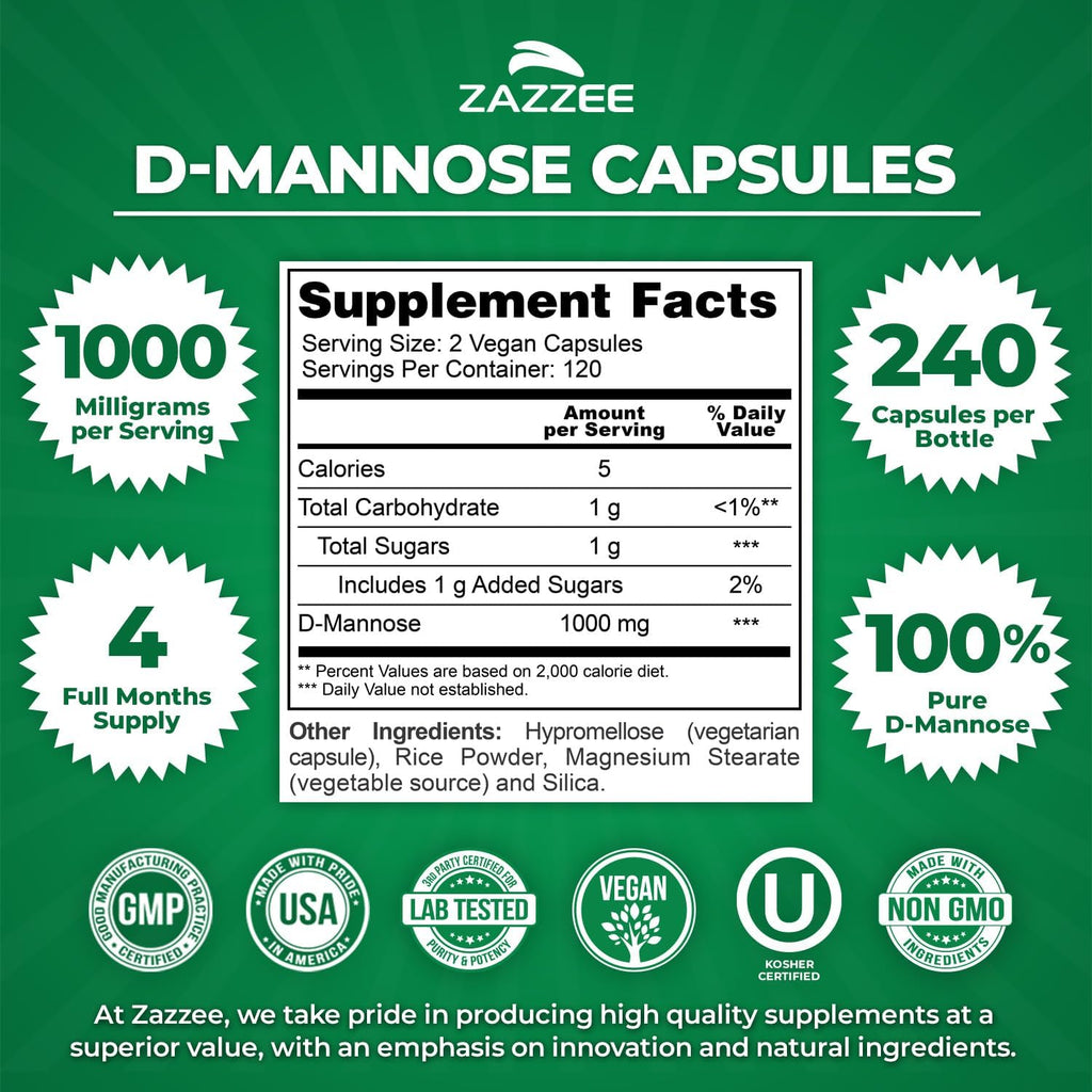 Zazzee D-Mannose, 1000 mg per Serving, 240 Vegan Capsules, 4 Month Supply, Potent & Fast-Acting, Certified Kosher, 100% Pure, All-Natural Urinary Tract Health Support, 100% Vegetarian, Non-GMO