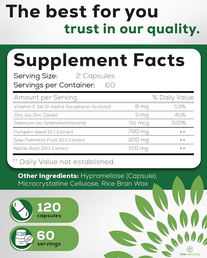 Prostate Health Supplements for Men [120 Capsules] with Saw Palmetto Extract, Pumpkin Seed, stinging Nettle Root, zinc, Selenium, Vitamin E – Urinary Flow & Prostate Support