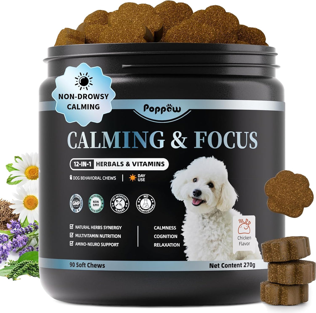 Calming Chews for Dogs – Calming Treats for Anxiety, Stress, Separation, Travel & Thunder, Non-Drowsy Alternative to Melatonin, Calm & Focus with Chamomile & Ashwagandha, Chicken Flavor, 90Ct
