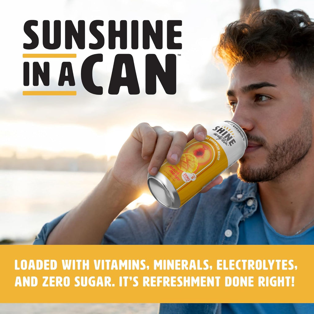 ShineWater Vitamin D Hydration Electrolyte Drink - Flavored water with electrolytes, Sugar-Free, Magnesium, Zinc, Vitamin B12, Plant-Based, Low Calorie - Peach Mango Fruit Water 12 Pack