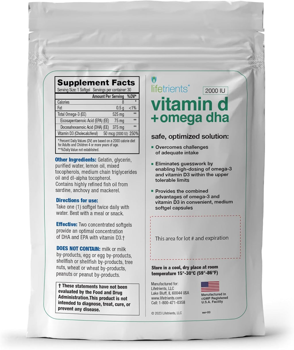 Premium Omega-3 Fish Oil & Vitamin D3 Softgel Capsules - 375mg DHA Boost + 2000 IU - Zesty Lemon Flavor Fish Oil Supplements for Women and Men - USA Made - Heart & Brain Health - 4-Pack