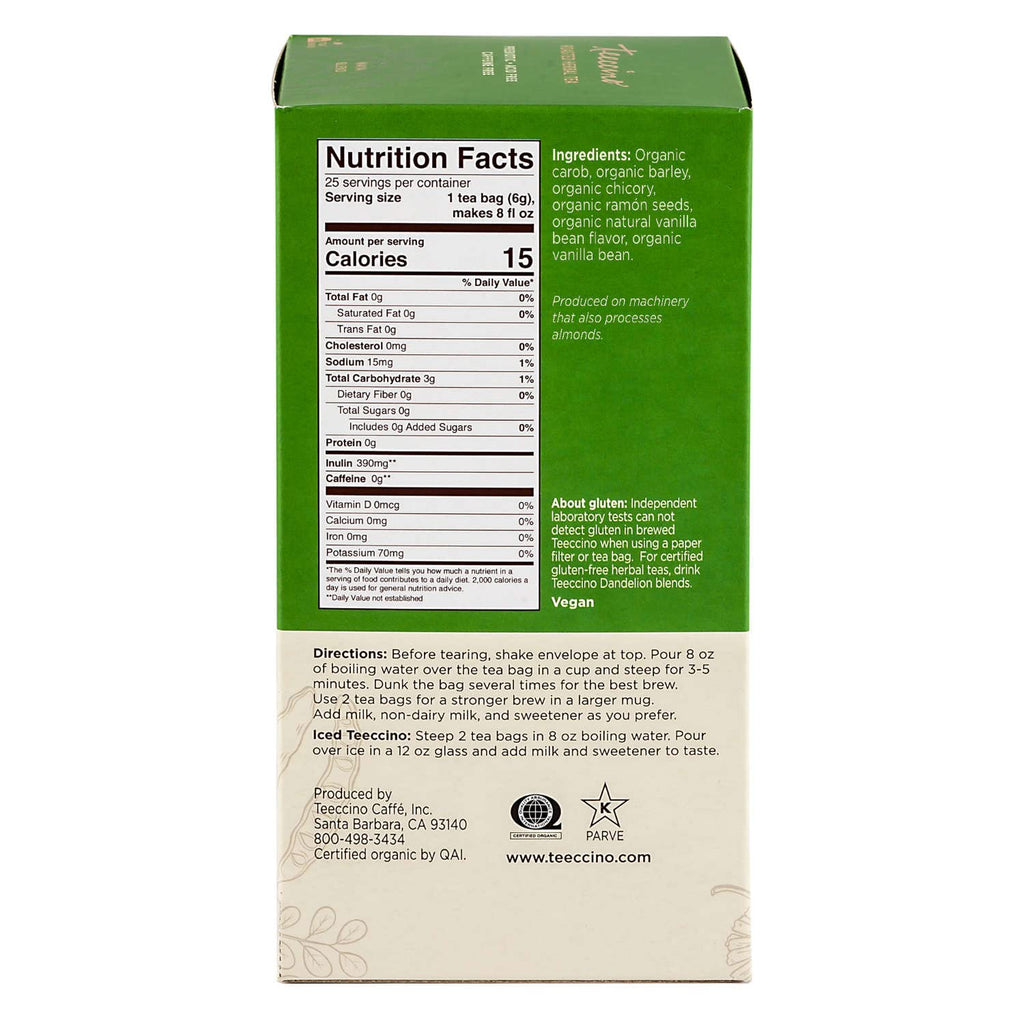 Teeccino French Vanilla Herbal Tea - Rich & Roasted Herbal Tea That’s Caffeine Free & Prebiotic for Natural Energy, Coffee Alternative, 25 Count