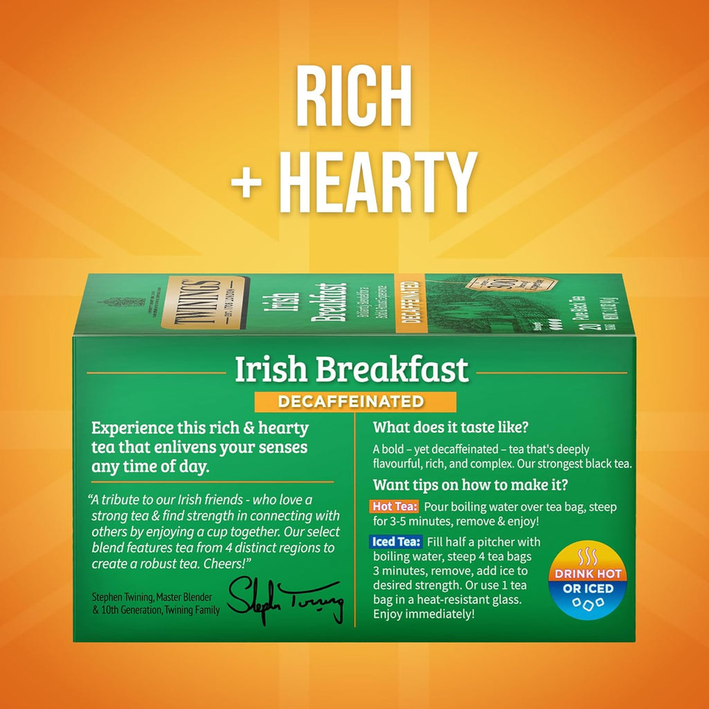 Twinings Decaffeinated Irish Breakfast Black Tea Individually Wrapped Bags, 20 Count (Pack of 6), Flavourful, Robust, Enjoy Hot or Iced, 120 Teabags