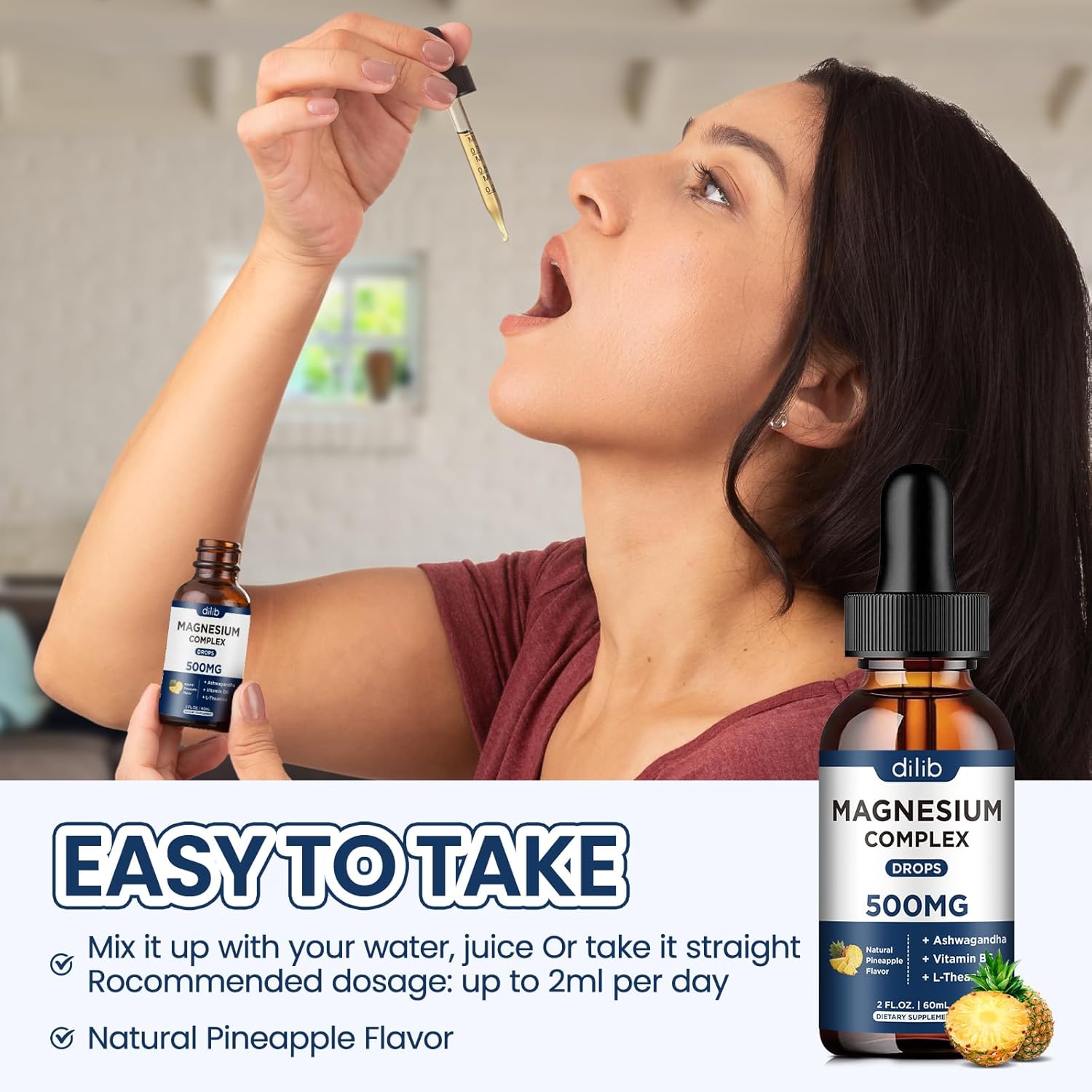 Triple Magnesium Complex Supplement-Magnesium Glycinate, Citrate, Malate Liquid Drops 500mg with Ashwagandha, L-Theanine, Vitamin B6 for Calm, Stress Relief, Sleep, Muscle Support-Pineapple Flavor
