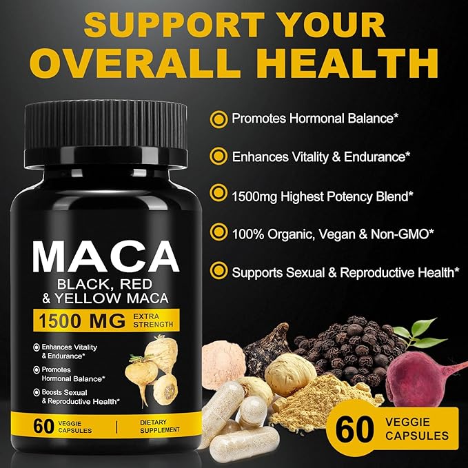 Organic Maca Root Powder Capsules 1500 mg with Black + Red + Yellow Peruvian Maca Root Extract Supplement for Men and Women - 60 Vegan Capsules