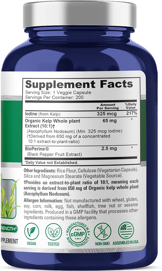 NusaPure Sea Kelp Natural Iodine 325mcg 10:1 Extract, 65 mg Equivalent to 650 mg Capsule 200 Count (Non-GMO, Vegan)
