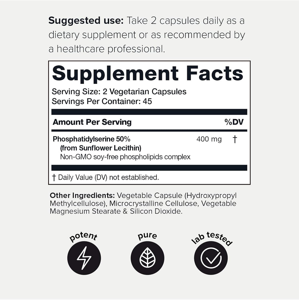 Toniiq Phosphatidylserine - 400mg Formula - World’s First 50% Purity - Highest Purity in The US - Soy Free Phosphatidylserine Supplement - 90 Veggie Capsules