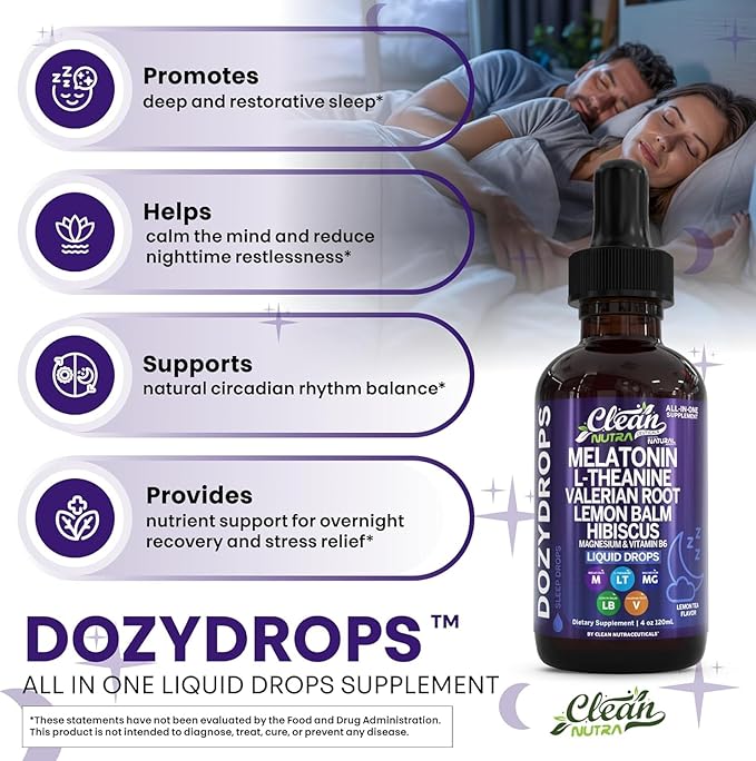 Clean Nutra Melatonin 10mg Drops Magnesium Vitamin B6 L-Theanine Valerian Hibiscus Lemon Balm Supplement Liquid Sugar-Free Vegan Non-GMO Natural Sleep Support Aid Lemon Tea Flavor 120mL Formula