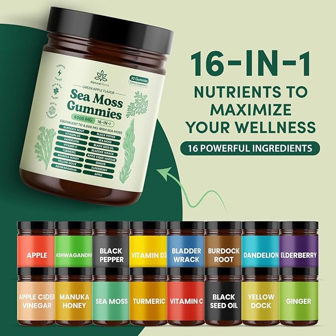 Natural Rems Sea Moss Gummies 16-in-1 - Ashwagandha Black Seed Oil Bladder Wrack Turmeric Vitamin C & D3 with Manuka Burdock Root Dandelion Yellow Dock Elderberry Apple Cider Vinegar (Green Apple)