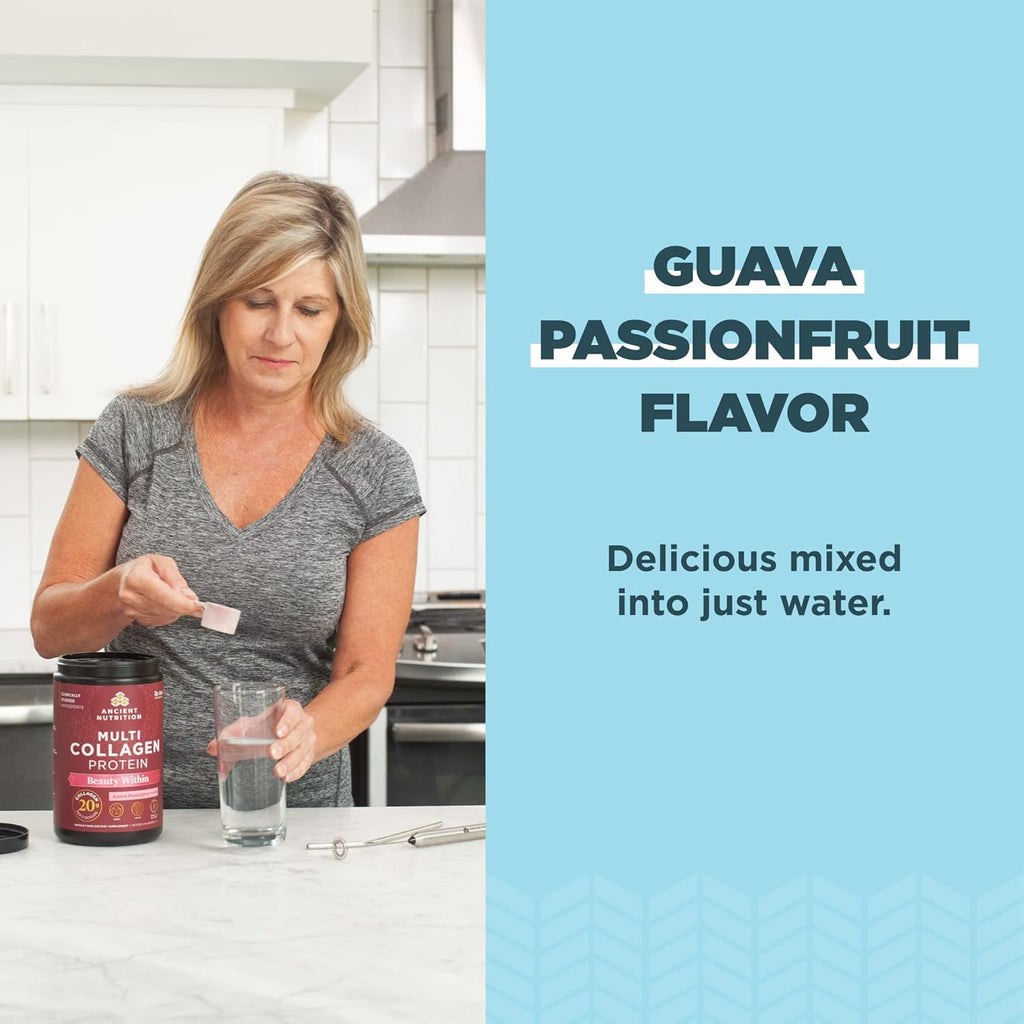 Ancient Nutrition Collagen Powder Protein, Multi Collagen Protein Beauty Within, Guava Passionfruit, with Vitamin C, Hydrolyzed Collagen Peptides Supports Healthy Skin and Nails, 18.3oz