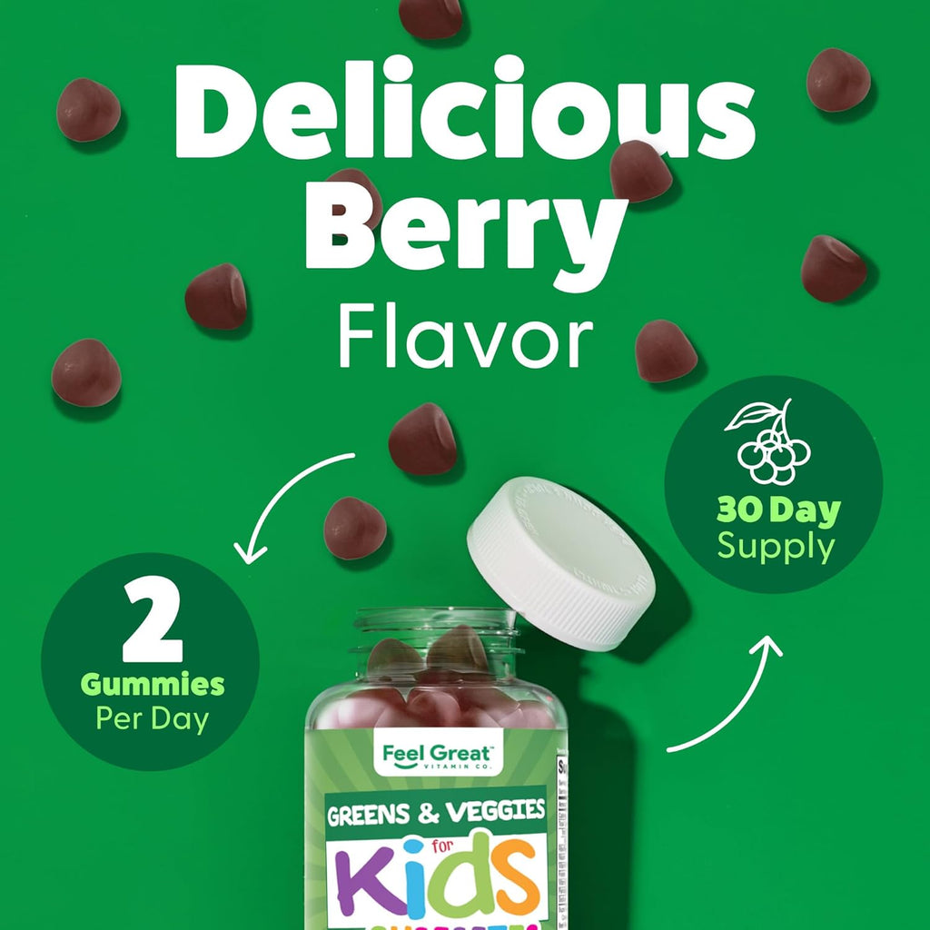 Feel Great Super Green Gummies for Kids | Fruit and Vegetable Gummies | Vegan Veggie Gummy Multivitamin for Kids | Veggie Fiber Supplement | 60 Count