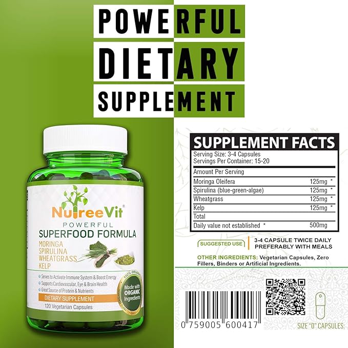 NutreeVit 100% Organic Powerful Superfood Formula - Immune System Booster Energy Pills with Moringa, Spirulina, Wheatgrass, and Kelp - 90 Count Bottle