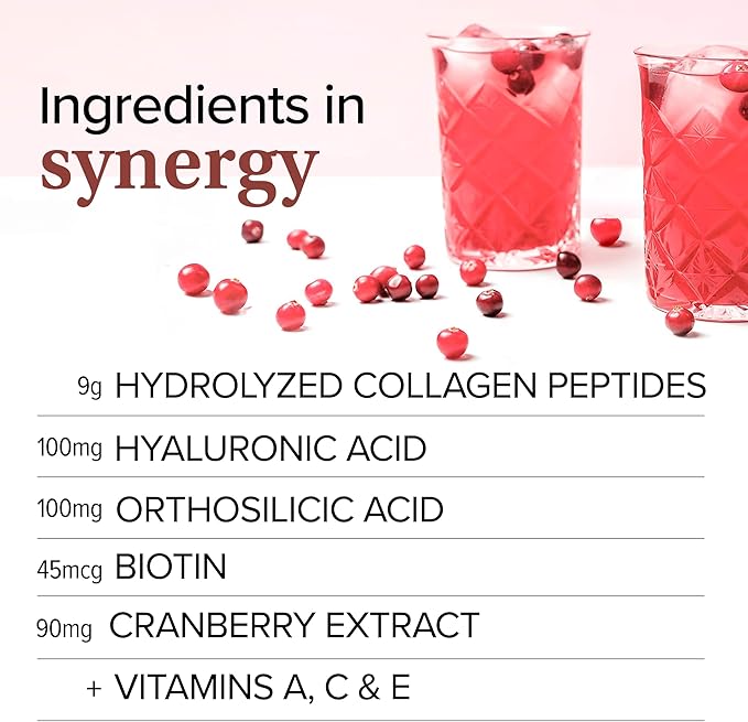Essential Nutrition Collagen Skin - Hydrolyzed Collagen Peptides, with Hyaluronic Acid, Silicon & Biotin - Hair, Skin & Nails - Cranberry - 11.9 oz (30 Servings)