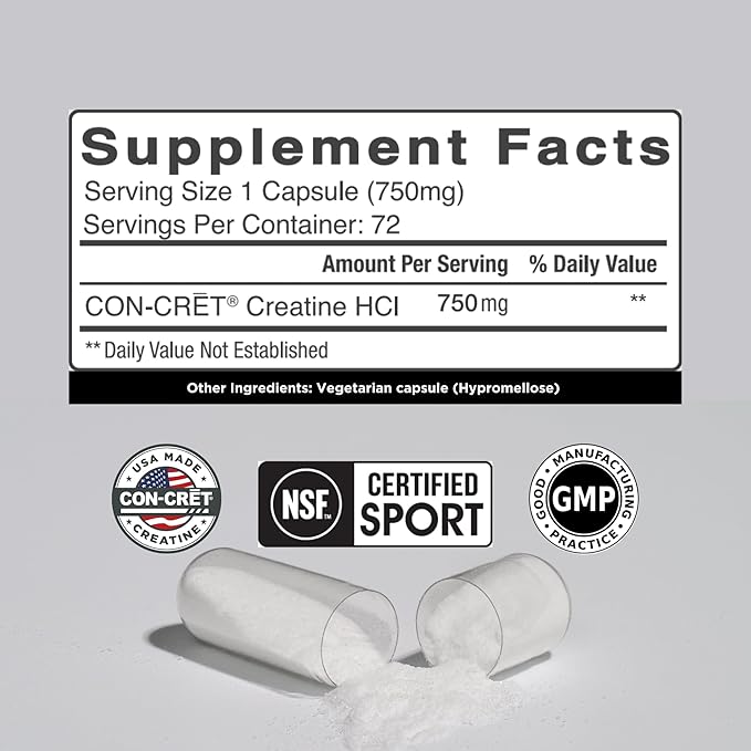 CON-CRET Creatine HCl Capsules | Muscle, Cognitive, Cellular Energy Support | No Bloating or Cramps | USA Made & NSF Certified | Creatine Pills (72ct)