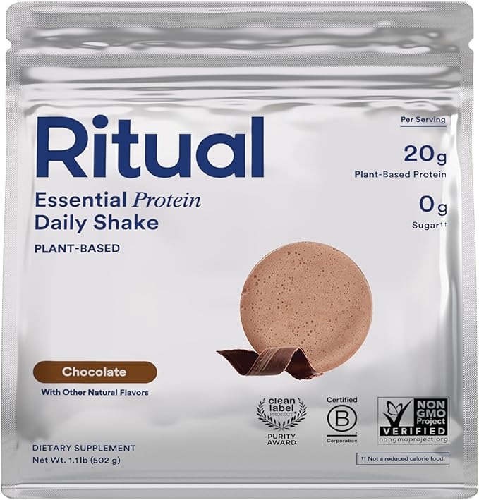 Ritual Pea Protein Powder with BCAA: 20g Organic Vegan Plant-Based Protein from Regenerative Farms in North America, Complete Amino Acid Profile, Gluten Free, Sugar Free‡, Dairy Free, Chocolate, 1 Lbs